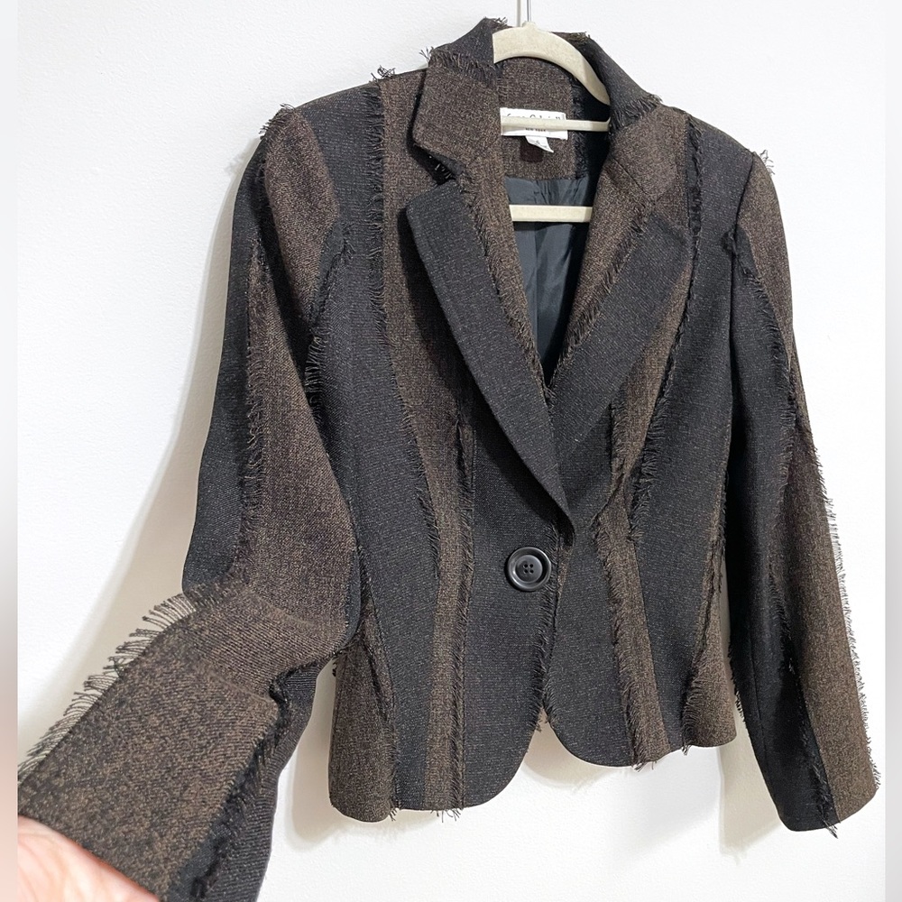Elegant Blazer Jacket with Fray Detail in Black and Brown by Lena Gabrielle NY
